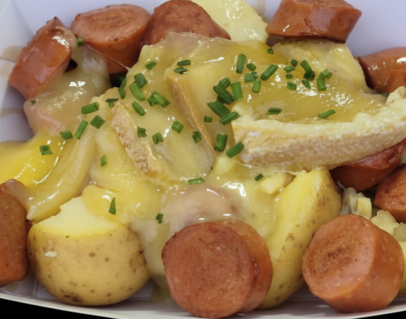 plato patata con queso raclette fundido y frankfurt troceado