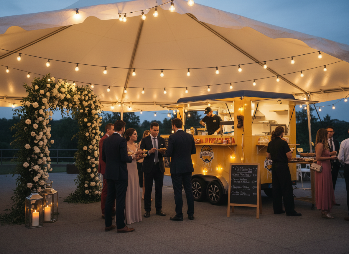 Foodtruck La Raclette en una boda al atardecer con luces cálidas y decoración floral.