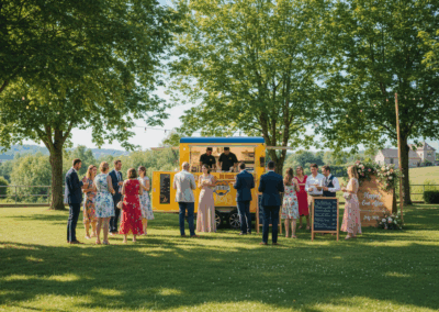 Foodtruck La Raclette en boda de día al aire libre con invitados disfrutando del catering.