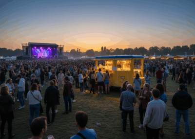 La Raclette Foodtruck en concierto al atardecer con público disfrutando.