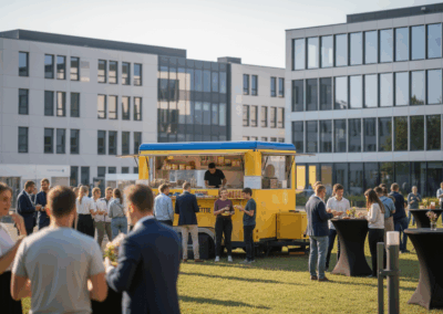 La Raclette Foodtruck en evento corporativo con asistentes disfrutando al aire libre.