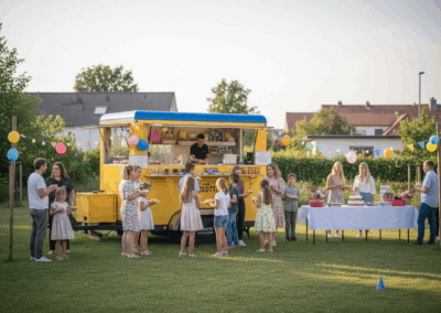 La Raclette Foodtruck en fiesta de cumpleaños infantil al aire libre con decoración de globos.
