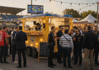 La Raclette Foodtruck iluminado durante evento deportivo al atardecer con público.