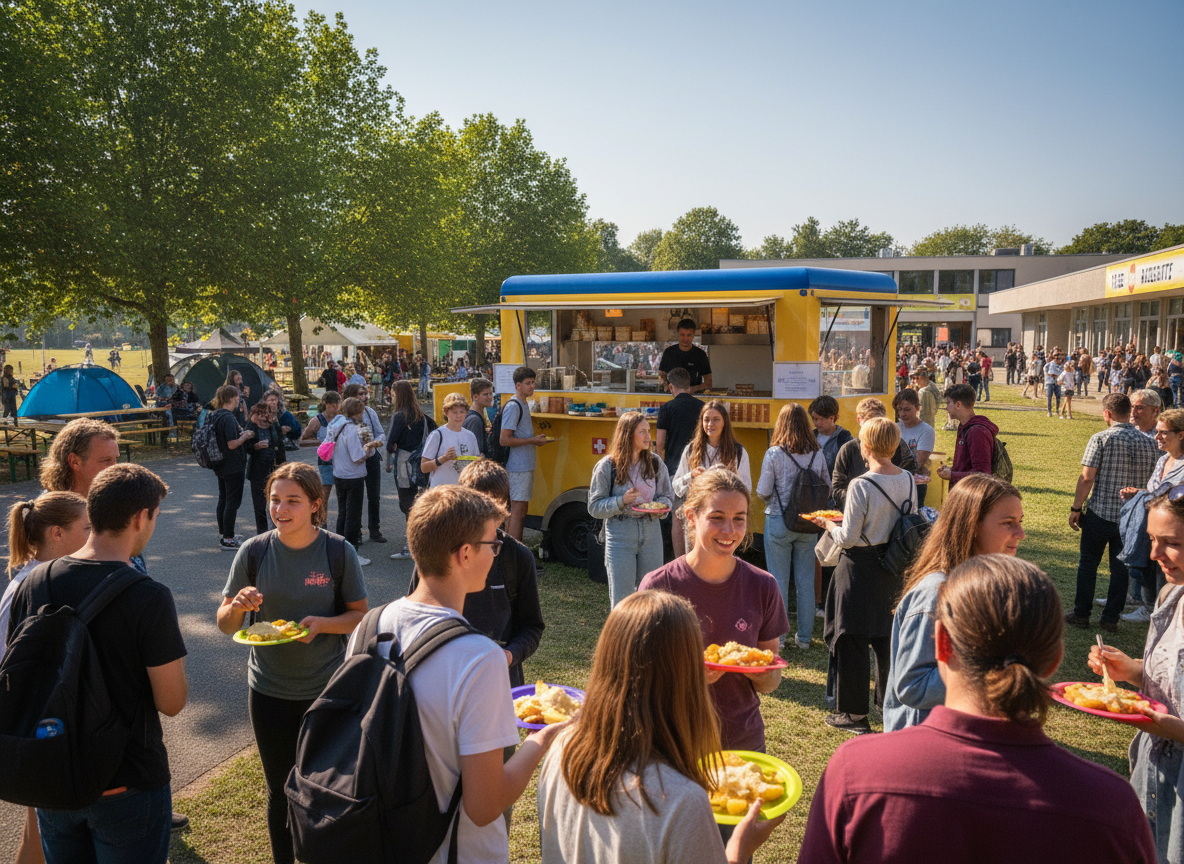 La Raclette Foodtruck en evento escolar con estudiantes y familias al aire libre.