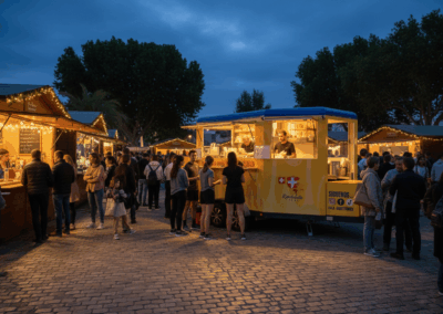 La Raclette Foodtruck en feria local con visitantes disfrutando del ambiente.