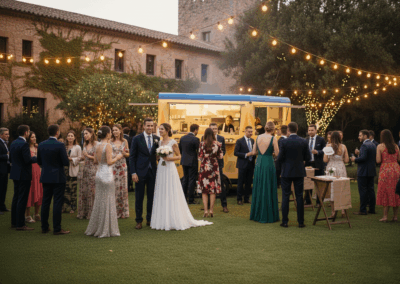 La Raclette Foodtruck en boda en una masía con guirnaldas de luces y ambiente rústico.